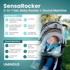 UMINDUS SensaRocker Sound Machine & Baby Rocker Set - Portable Baby Bouncer and Noise Machines for Sleeping with Breathing Light, Sleep Sounds, Rechargeable, Toddler Travel Essential