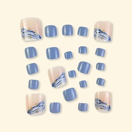 Summer Press on Toenails Short Square Fake Toe Nails with Beach Glitter Designs BlueToe Nail Press ons Nude Toenail Press ons Daily Wear Nature False Toenails Stick on Toenails for Women 24Pcs