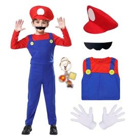 JMOCD Super Brothers Plumber Costume for Children, Super Brothers Plumber Cosplay for Carnival Parent-Child Dressing (Red - Children, XL)