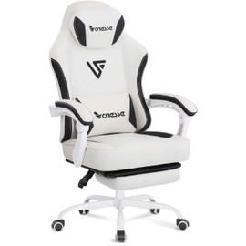 Vonesse Gaming Chair, Computer Chair Fabric with Pocket Spring Cushion, Office Chair with Footrest and Massage Lumbar Support, Reclining Gaming Chairs for Adults 250LBS (Beige White)