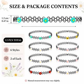 12PC 90s Tattoo Choker Necklace Set with Colorful Daisy Charms, Flower Floral Stretchy Elastic Vintage Y2K Fashion Jewelry, Cottagecore & Soft Girl Aesthetic Adjustable Retro Gothic Grunge Aesthetic Accessories for Women