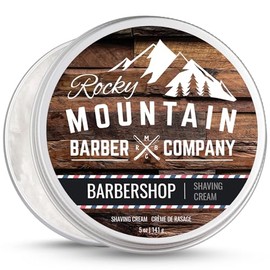 Rocky Mountain Barber Company - Crema de afeitar para hombre, aroma a barbería, espuma gruesa para afeitado tradicional y de cartucho, lata de 5 onzas