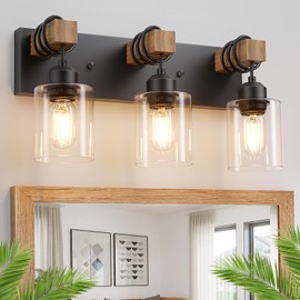 Licperron Farmhouse 3-Lights Wood Bathroom Vanity Light, Rustic Black Bathroom Light Fixtures Over Mirror, Vintage Vanity Wall Sconce Light with Clear Glass Shades for Living Room, Bedroom, Hallway