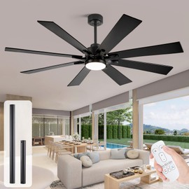 62 Inch Outdoor Ceiling Fan with Light, Black Ceiling Fan with Light Waterproof, Large Industrial Cieling Fan with 8 Blades, Large Airflow Indoor Exterior Fans for Patios Porch Garage Office