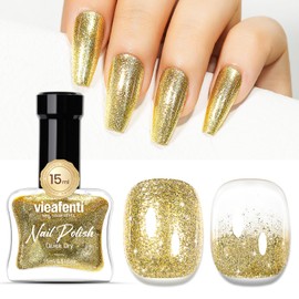 vieafenti Glitter Gold Nail Polish 15ml, Christmas Quick Drying Nail Polish Regular Shimmer Long-Lasting Air Dry Oil-Base Nail Polish Non Gel DIY Salon At Home