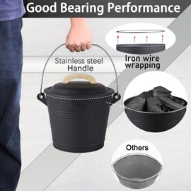 Ash Bucket with Lid and Shovel, Hand Broom and Gloves, 1.5 Gallon Small Metal Ash Bucket for Fireplace Tools Set, Fire Pits, Wood Burning Stoves, Indoor and Outdoor, Camping, Grill, Black