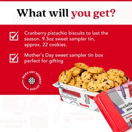 David's Cookies Celebrate Moms Cranberry Pistachio Biscuits Sweet Sampler Tin - Irresistible Crunch, Snacks And Bakery Treats - Ideal for Snacking And Gifting - Gourmet Mother's Day Food Gift 9.3oz
