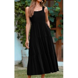 PRETTYGARDEN Women's 2024 Casual Tiered Maxi Sundress Elastic Straps Tank Dress Sleeveless Summer Beach Tiered Long Dresses (Black,Medium)