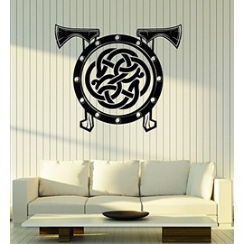 Vinyl Wall Decal Viking Shield Axes Celtic Pattern Warrior Scandinavian Art Stickers Mural Large Decor (ig5083) Black