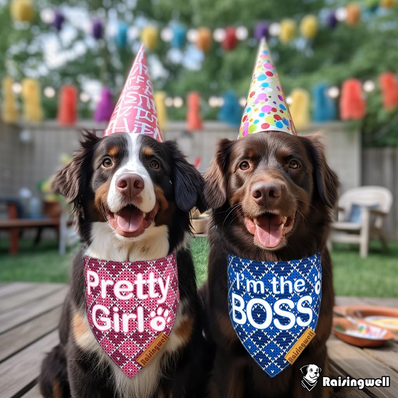 Raisingwell Birthday Dog Bandanas 2 Pack, 4 Pattern Reversible Blue