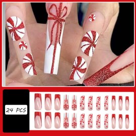 24 PCS Press on Nails Christmas Fake Nails Bow Fake Nails Long Fake Nails Gifts for Women and Girls (No.38)