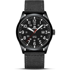 LN LENQIN Mens Watches Military Watch Field Watch Analog Quartz Watches for Men Luminous Army Tactical Outdoor Sports Waterproof Men's Wrist Watches with Date and Nylon Strap (All Black)