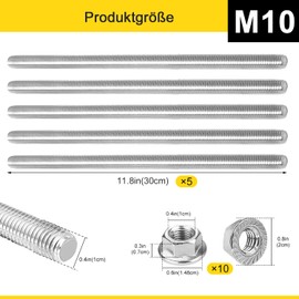 Threaded Rods M10 x 30 cm Threaded Rod Stainless Steel 5 Full Threaded Rod with 10 Flange Nuts for Machines and Furniture Making (M10 x 30 cm)