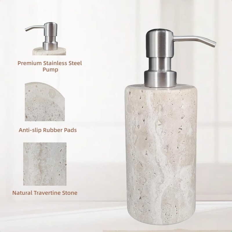 Jusmioke Natural Travertine Marble Soap Dispenser with Stainless Steel Pump,