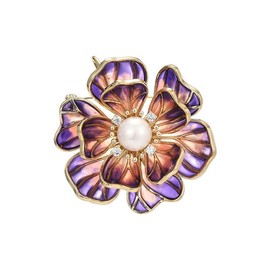 Peony Brooch Pin Gold-Plated Purple Peony Enamel Pearl Brooch Lapel Pins Peony Jewelry for Women