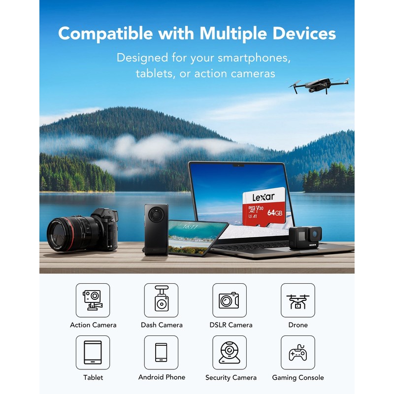 Lexar E-Series 64GB Micro SD Card, microSDXC UHS-I Flash Memory