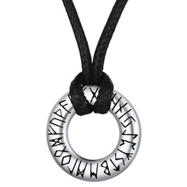 FaithHeart Viking Runes Necklace, Men's Black Leather Necklaces Stainless Steel Norse Symbol Coin Pendant Jewellery, Nordic Gifts for Man