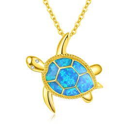 PRAYMOS Gold Turtle Necklace for Women Sterling Silver Created Blue Opal Sea Turtle Necklace Hawaii Ocean Jewelry Sea Turtle Gifts for Turtle Lovers