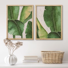 SIGNWIN Framed Pastel Close Up Tropical Banana Leaf Wall Art, Set of 2 Nature Wilderness Wall Decor Prints, Modern Colorful Wall Décor for Living Room, Bedroom - 12" x16 Natural