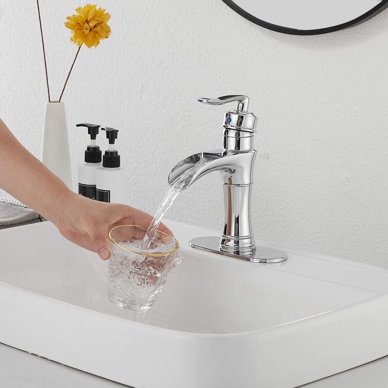Chrome Bathroom Faucet Waterfall GGStudy Single Handle One Hole Farmhouse