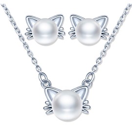 Yumilok Women's Necklace Cat Earrings Stud Earrings Jewellery Set with White Pearl Made of 925 Sterling Silver for Women, Sterling Silver Pearl, Pearl