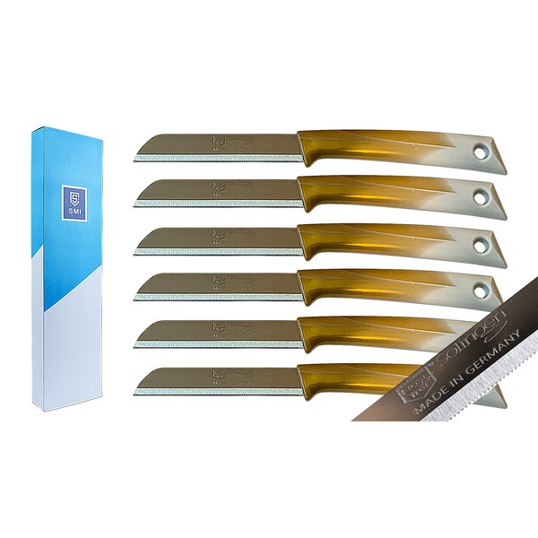 SMI - Pack of 6 Paring Knives, Serrated Edge Kitchen Knives, Vegetable Knives, Fruit Knives, Solingen Knives, Made in Germany (6 Pieces Gold & White)