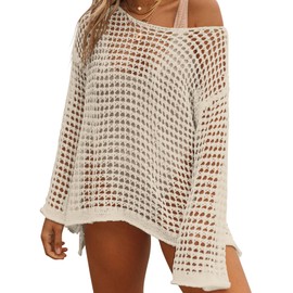 Hount Womens Swimsuit Coverups 2025 Summer Crochet Bathing Suit Bikini Cover Up Long Sleeve Beachwear Tunic Tops Apricot S