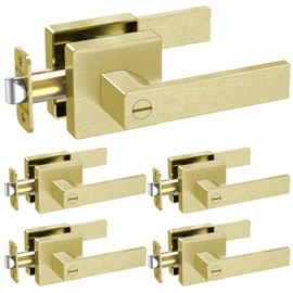 TICONN Door Handle Heavy Duty, Reversible Square Door Lever for Bedroom, Bathroom and Rooms (5 Pack, Privacy, Satin Brass)