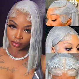Grey Bob Wigs Human Hair 13x4 HD 14 Inch Straight Silver Grey Bob Lace Front Wig Human Hair Wear and Go Glueless Wig Bob Pre Plucked with Baby Hair Short Gray hd Lace Frontal Wigs For Black Women