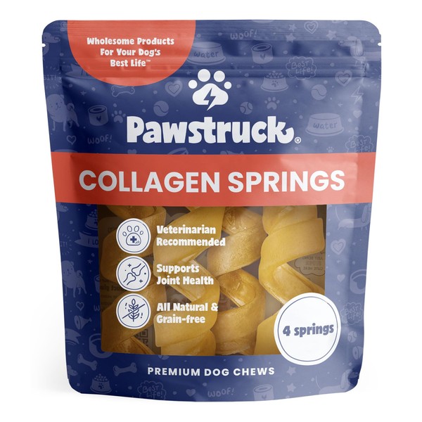 Pawstruck Natural Large Collagen Stick Springs for Dogs - Vet-Approved Long Lasting Alternative to Traditional Rawhide & Bully Sticks - High Protein Dental Treat w/Glucosamine & Chondroitin - 4 Pack