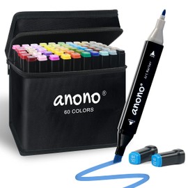 anono 60 Colors Alcohol Markers Set, Coloring Markers with Chisel and Fine Tips, Includes Carrying Case, Suitable for Book Painting and Coloring, Black Barrel