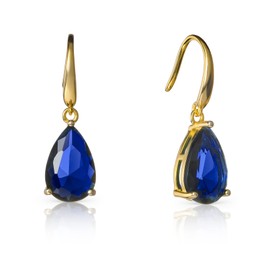 Namana Gold Dangly Earrings for Women and Teen Girls in 925 Sterling Silver with Pear Shaped Blue Stones, Teardrop Sapphire Blue Earrings for Women, Gold Drop Earrings for Women with Navy Blue Stones