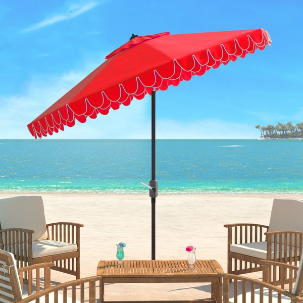 SAFAVIEH 11ft Outdoor Patio Umbrella, Round, Valance, Red, Auto Crank