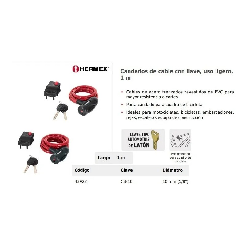 Candado De Cable Con Llave, 10 Mm X 1.0 M