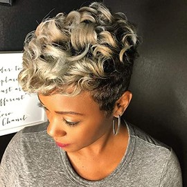 BeiSDWig Short Curly Wig Ombre Brown Blonde Hair Wig Synthetic Short Hair Wigs for Black Women Short Hairstyle Curly Hair Wig (Bei-9584)