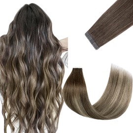 FUOTONBUTY Tape in Hair Extensions Human Hair Double Stitched Ombre Medium Brown to Honey Blonde Invisible Tape in Hair Extensions 18 inch Seamless Tape ins 20pcs 50g Tape on Real Hair Extensions
