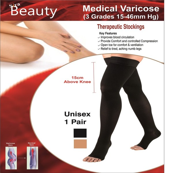 Sira Medical Antiskid Varicose Veins Grade-I Low Pressure (15-21 mmHg). Open Toe- 15cm Above Knee. Reduce Leg Pain & Blood Clots, Recovery of Venus surgery.Unisex. (M/L/XL/XXL) (Black, XXL)