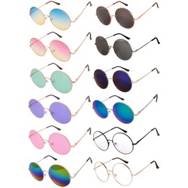 OWL 12 Pack Bulk Oversized Round Hippie Sunglasses, Tinted, Mirror, and Clear Lenses, Metal Frame
