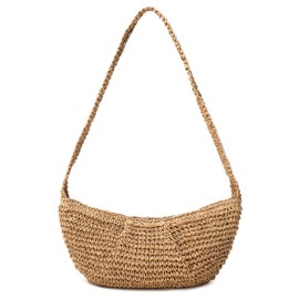 RAVESSIA Women's Small Handmade Woven Straw Summer Beach Crescent Hobo Crossbody Bag (Brown)