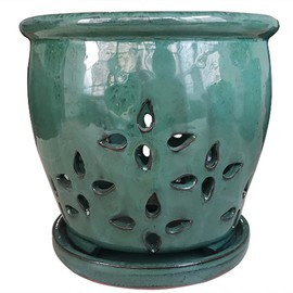 Beitewei Orchid Planters with Holes 7 inch Orchid Pots for Indoor Plants Round Ceramic Flower Container Succulent Plant Planter Butterfly Pot Saucer Windowsill Contemporary Home Decoration (Green)