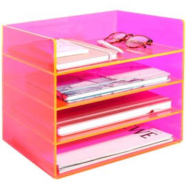Gelite Acrylic File Organizer for Desk 4 Tiered Stackable Letter Tray Office Paper Storage Desktop Document Sorter, Neon Pink