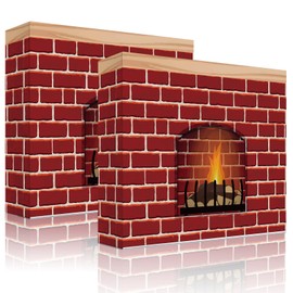 Zhanmai Christmas Faux Fire Place Red Brick Cardboard Fireplace Fake Fireplace Backdrop Artificial Cardboard 3D Fire Flame Prop Fake Centerpiece for Christmas Party Background Decor (2 Pcs)