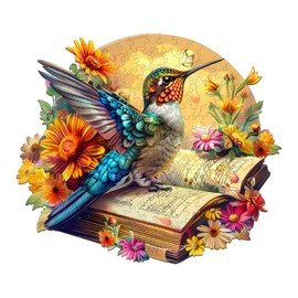 Wooden Puzzles for Adults 175 Pices, Hummingbird on Book 3D Puzzles for Adults, Hummingbird on Book Irregular Jigsaw Puzzles, Flat Puzzels with 3D Visual Effect, Finished Puzzle Size is 11.4 x 9.9in