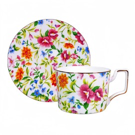 LanHong 8.5 Ounces Tea Cup and Saucer Set Floral Tea Coffee Cup with Saucer Bone China Teacup and Saucer Set Gift for Mom Friend Tea Party