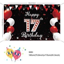JOYKY Happy 17th Birthday Banner, Red Black Happy 17th Birthday Party Decorations for Boys Girls, 17 Year Old Birthday Supplies Backdrop Décor, 5.9 X 3.8 Fts
