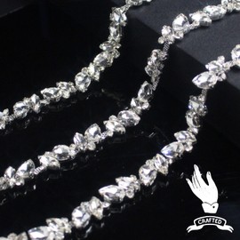 PEARLY JUN 1 Yard Rhinestone Trim Chain Silver Diamond Applique Crystal Ribbon Fringe String for Wedding Dress Straps Sewing Clothes Accessory Crafts Bedazzling Embellishments