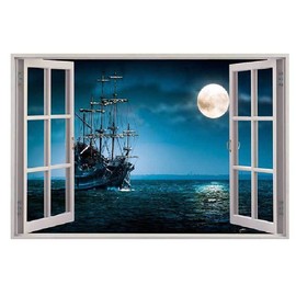 3D Fake Windows Wall Sticker, Removable Pirates Ship Boat Ocean Moon Faux Windows Wall Decals for Kids Bedroom Living Room Decoration,23.6x17.3 inches