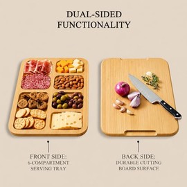 Bamboo Serving Platter with Lid | Charcuterie Board - Cheese Plate with 6 Compartments & Carry Handle, Wooden Board for Kitchen, Portable Snack Plate as Housewarming Gift for Women and New Home
