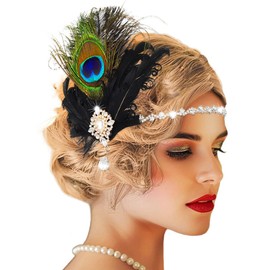 Handcess 1920s Flapper Headband Peacock Feather Headpiece Vintage Rhinestone Hair Band Gatsby Costume Hair Accessories for Women