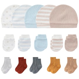 MAMIMAKA Baby Boys Girls Hats Mittens and Socks Cotton Newborn Essentials Accessories (Hats + Gloves + Socks), 0-6 Months, Light blue and grey stripes, 0-6 months